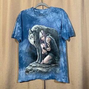 The Mountain Men's Small Graphic Ocean Blue Tie-Dye Guardian Wolf Tee GUC